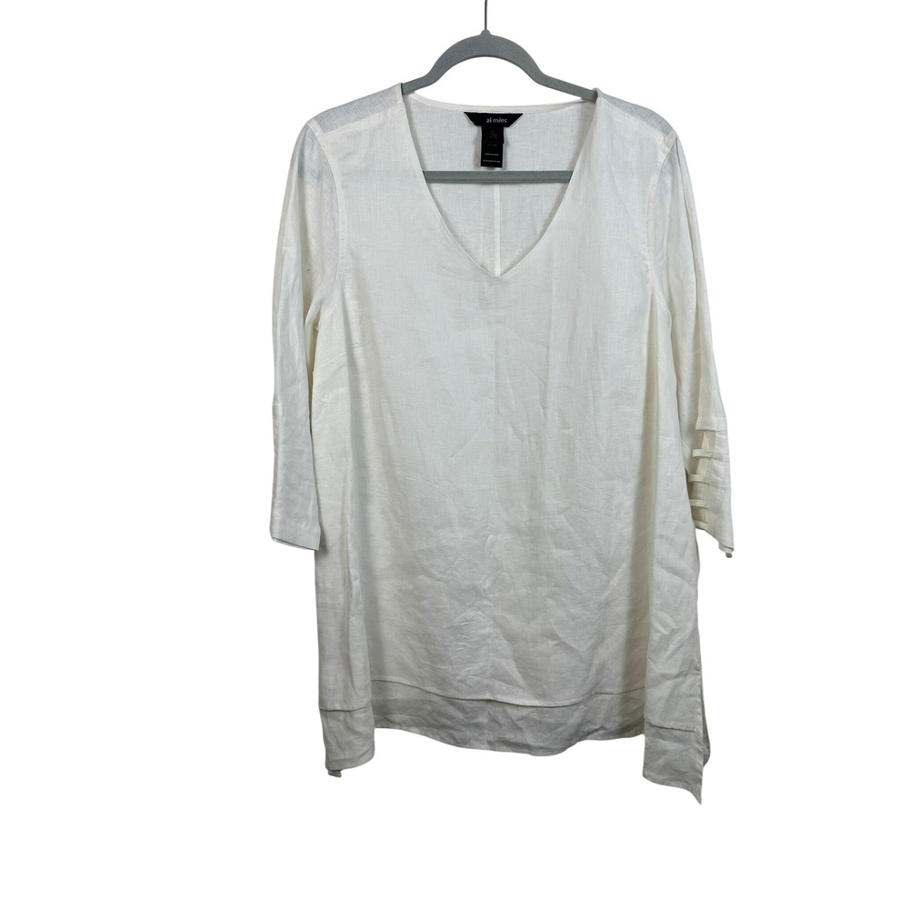 Ali Miles Tunic Top Women Large White NEW Linen Ladder Detail 3/4 Sleeve‎ V-Neck